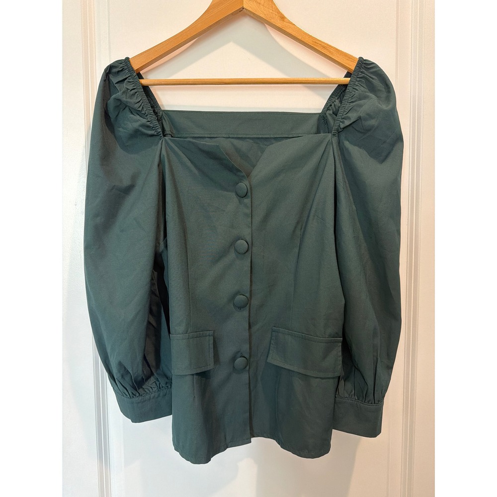 Shein Women Green Puff Sleeve Button Front Square Neck Blouse Top Size M